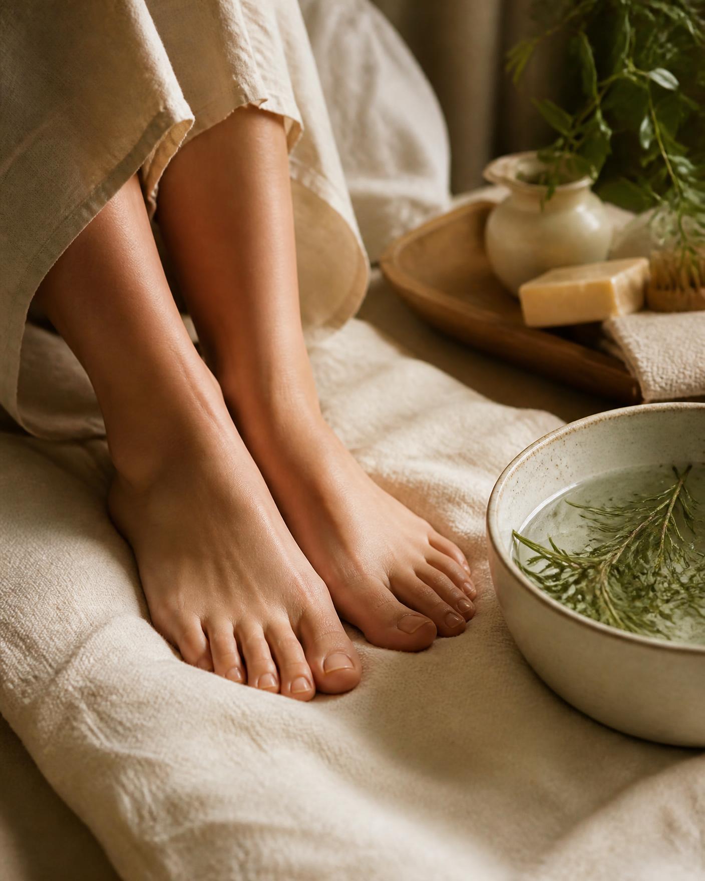 Cared-for bare feet resting on ivory linen beside a bowl of warm herb-infused water