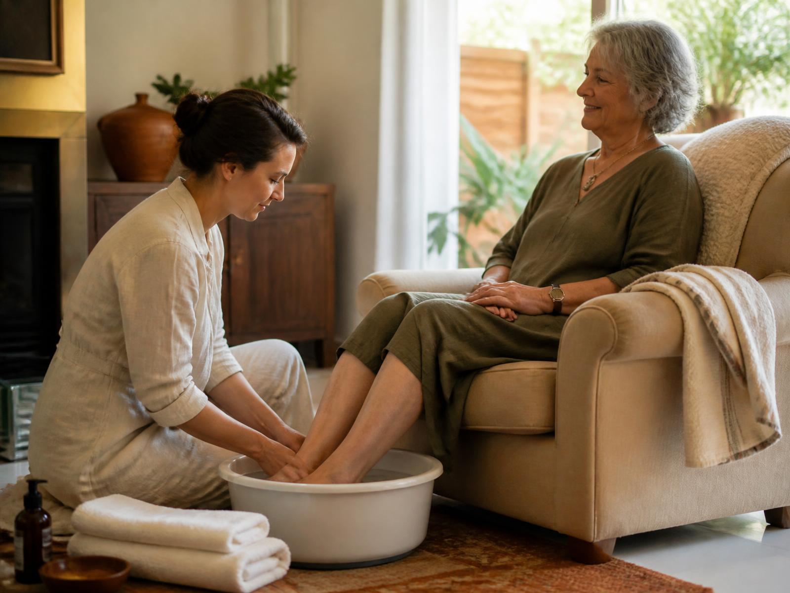 A foot care specialist providing a treatment to a seated client in her living room