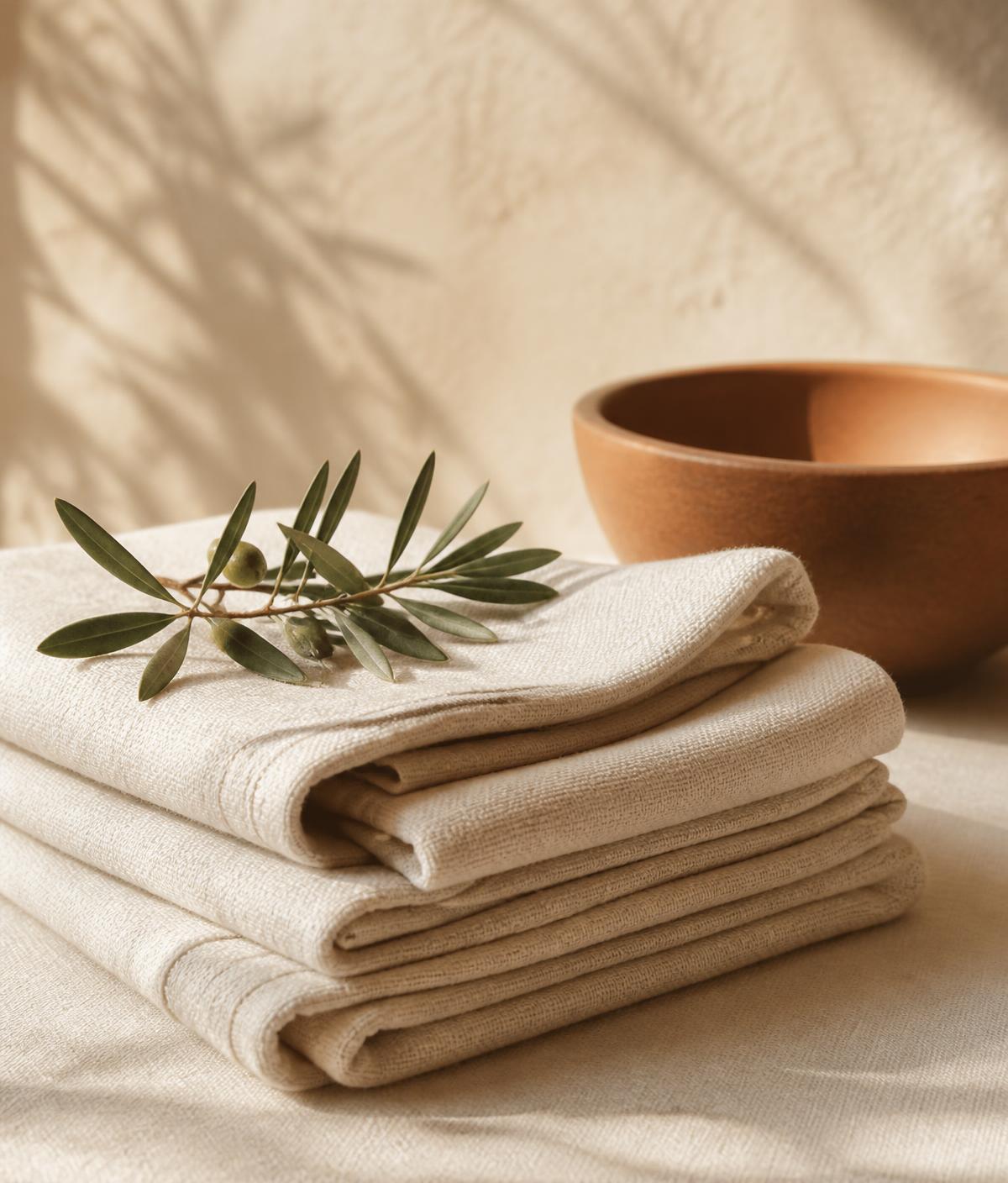 Folded ivory linen towels with an olive branch and terracotta bowl