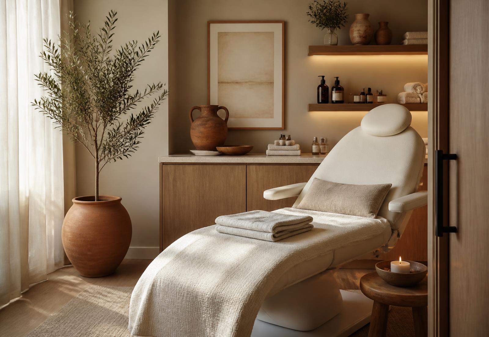 A calm treatment room with warm wood, linen towels and an olive tree